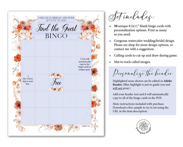 FILLABLE Bingo Template - 50 PRINTABLE bingo cards pdf. Editable personalized floral bridal shower game, wedding reception diy blank bingo.