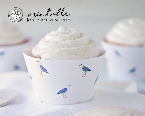 Seagull Cupcake Wrapper - printable cupcake wrapper, cute water birds, baby shower, coastal wedding, bridal shower ideas, beach theme