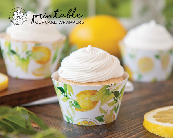 Lemons and Blossoms Cupcake Wrapper - PRINTABLE instant digital download. Watercolor artwork whole lemons, wedges, leaves, and flowers.