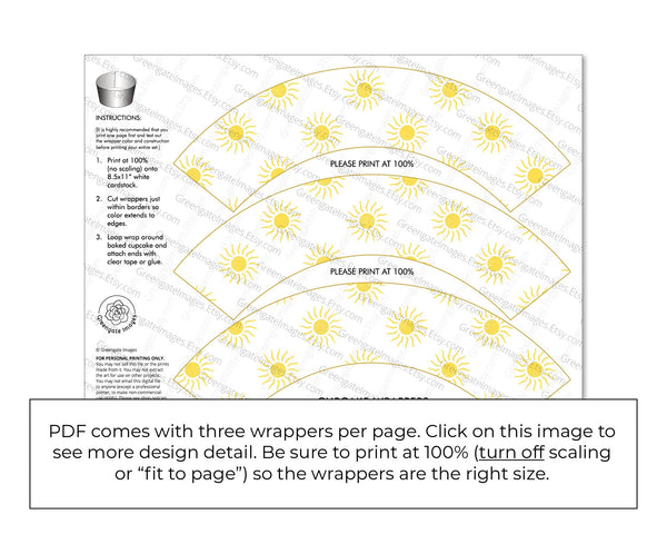 Sun Cupcake Wrapper - PRINTABLE instant download PDF. Yellow sunshine on white background. Summer, spring, our little son-shine.