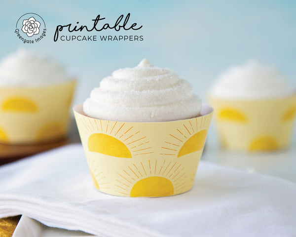 Sun Cupcake Wrapper - PRINTABLE instant download PDF. Yellow sunshine, pale butter yellow background. Summer, spring, our little son-shine.