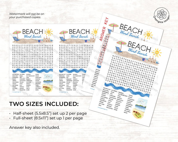 Beach Word Search - PRINTABLE downloadable activity. Fun word find party guests, adults & older kids. Big word list. Road trip, plane, car.