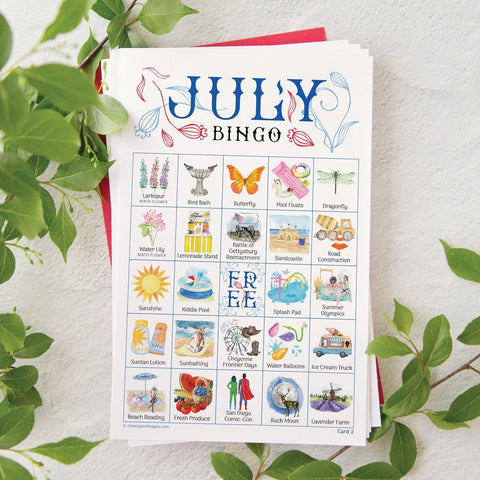 July Bingo - 50 PRINTABLE unique cards. Instant digital download PDF. Fun activity for July birthday, 4th of July, summer potlucks, picnics.