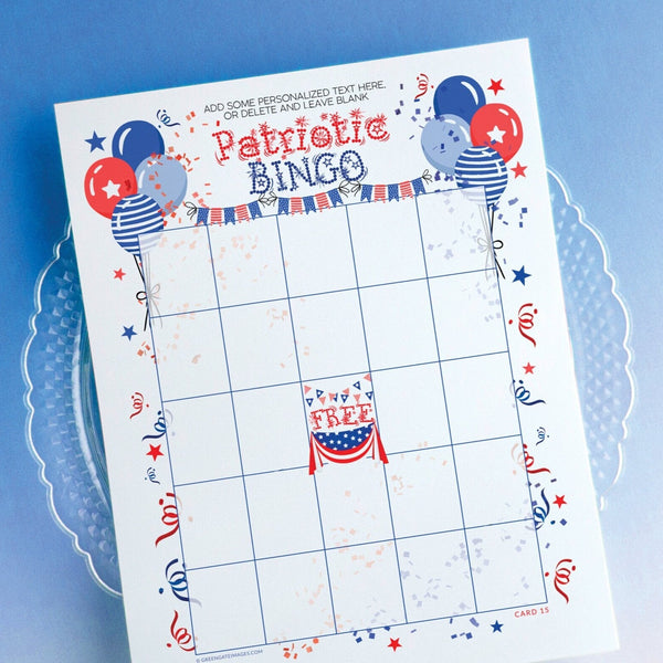 FILLABLE Patriotic Bingo Template - 50 PRINTABLE bingo cards pdf. Editable personalized 4th of July/American holiday diy blank bingo.