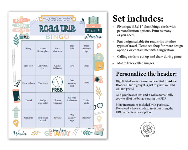 FILLABLE Road Trip/Travel Bingo Template - 50 PRINTABLE bingo cards pdf. Editable personalized car bingo scavenger hunt diy. Blank bingo.