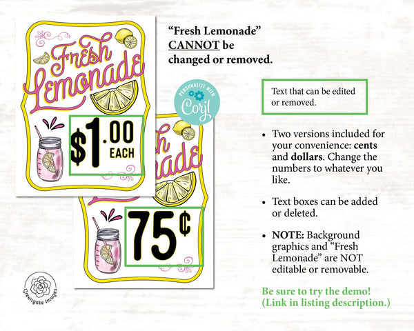 PINK Fresh Lemonade Sign - PRINTABLE Corjl 8.5x11" sign template. Pink & yellow for sale sign w/ price. Change/customize/edit price amount.