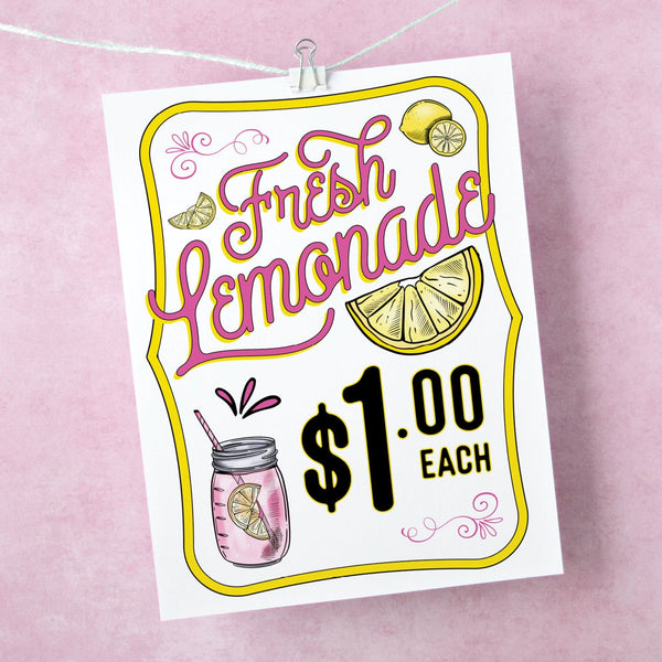 PINK Fresh Lemonade Sign - PRINTABLE Corjl 8.5x11" sign template. Pink & yellow for sale sign w/ price. Change/customize/edit price amount.