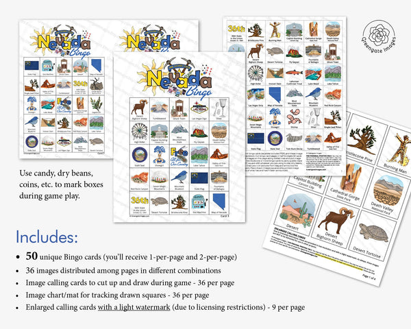 Nevada Bingo Cards - 50 PRINTABLE unique cards to download instantly. Fun NV state activity for kids-seniors. Educational homeschool game.