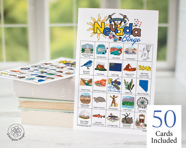 Nevada Bingo Cards - 50 PRINTABLE unique cards to download instantly. Fun NV state activity for kids-seniors. Educational homeschool game.