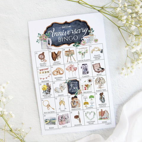 Anniversary Bingo - 50 PRINTABLE unique cards. Instant digital download PDF. Fun activity for wedding anniversary parties and gatherings.