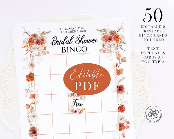 FILLABLE Bingo Template - 50 PRINTABLE bingo cards pdf. Editable personalized floral bridal shower game, wedding reception diy blank bingo.