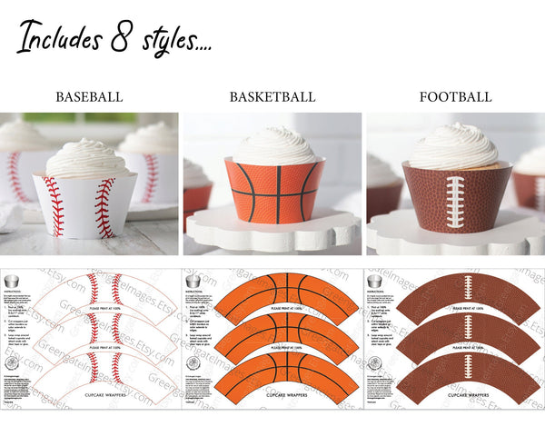 BUNDLE Sports Ball Cupcake Wrappers - PRINTABLE instant download PDF. Baseball basketball football golf soccer softball, tennis, volleyball.