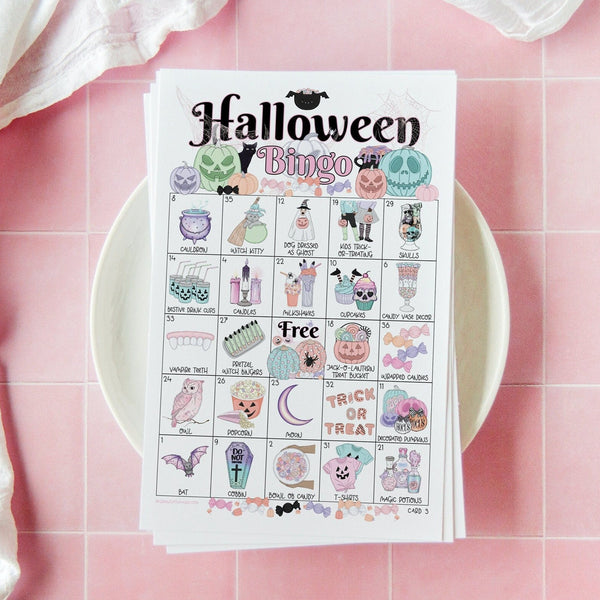 Halloween Bingo (Pastel Colors) - 50 PRINTABLE unique cards. Instant digital download PDF. Fun activity for kid parties & fall baby showers.