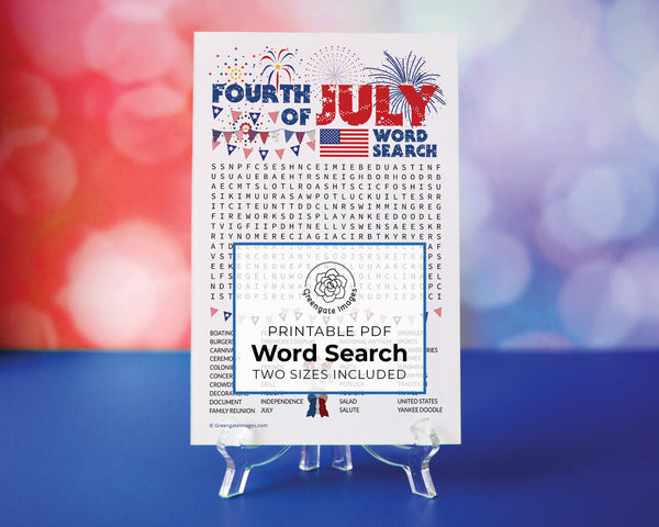 Fourth of July Word Search - PRINTABLE downloadable activity. Fun word find party guests, adults & older kids. Big word list. 4th of July 4.