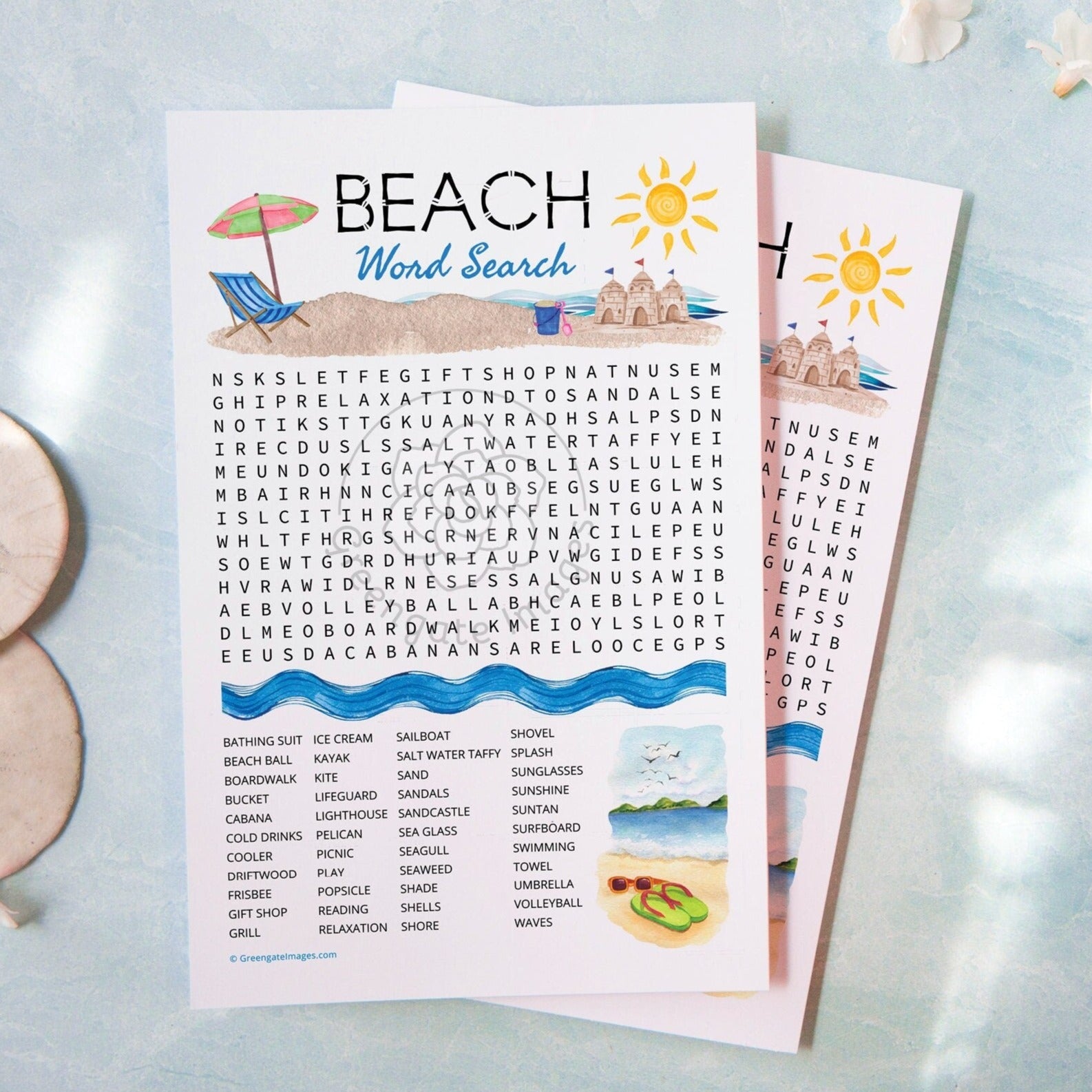 Beach Word Search - PRINTABLE downloadable activity. Fun word find party guests, adults & older kids. Big word list. Road trip, plane, car.