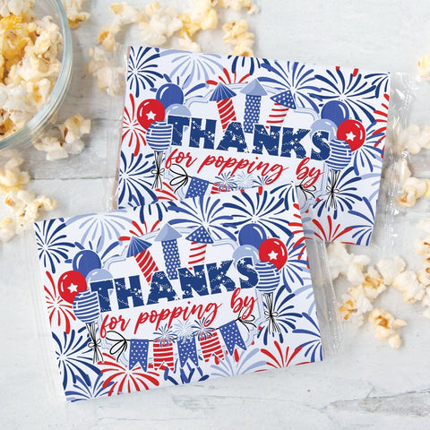 Patriotic Popcorn Wrapper - PRINTABLE microwave popcorn wrapper that's ready to download. Thanks for popping by fireworks pun. 4th of July.