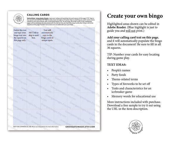 FILLABLE Patriotic Bingo Template - 50 PRINTABLE bingo cards pdf. Editable personalized 4th of July/American holiday diy blank bingo.