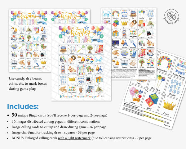Birthday (Boy) Bingo - 50 PRINTABLE unique cards. Instant digital download PDF. Fun activity for elementary school aged boy birthday party.