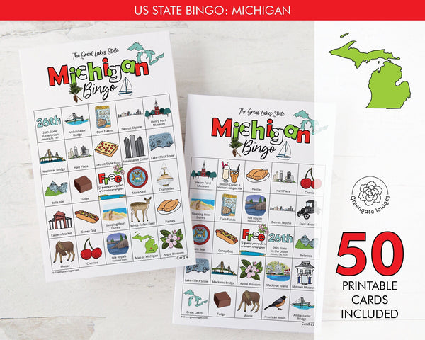 Michigan Bingo Cards - 50 PRINTABLE unique cards to download instantly. Fun MI state activity for kids-seniors. Educational homeschool game.