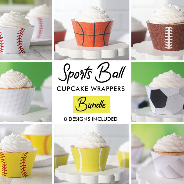 BUNDLE Sports Ball Cupcake Wrappers - PRINTABLE instant download PDF. Baseball basketball football golf soccer softball, tennis, volleyball.