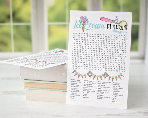 Ice Cream Flavors Word Search - PRINTABLE downloadable activity. Fun word find party guests, adults & older kids. Big word list, cute design
