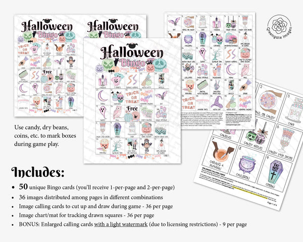 Halloween Bingo (Pastel Colors) - 50 PRINTABLE unique cards. Instant digital download PDF. Fun activity for kid parties & fall baby showers.