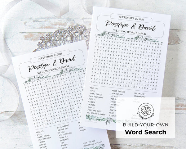 Build-Your-Own Word Search Template - PRINTABLE PDF activity that you customize. Fun wedding reception word find for guests, adults & kids.