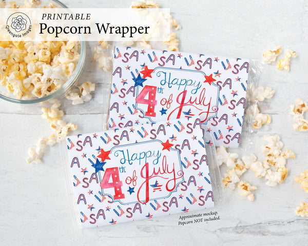Happy 4th Popcorn Wrapper - PRINTABLE microwave popcorn wrapper that's ready to download. Patriotic snack party favor for Fourth of July.