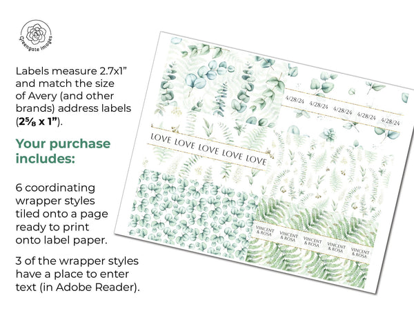 Fern/Eucalyptus Nugget Wrappers - PRINTABLE/fillable PDF download for wrapping Hershey Nugget Chocolate Candy. Print address label stickers.