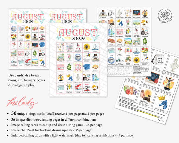 August Bingo - 50 PRINTABLE unique cards. Instant digital download PDF. Fun activity for August birthday, late summer potlucks, picnics.