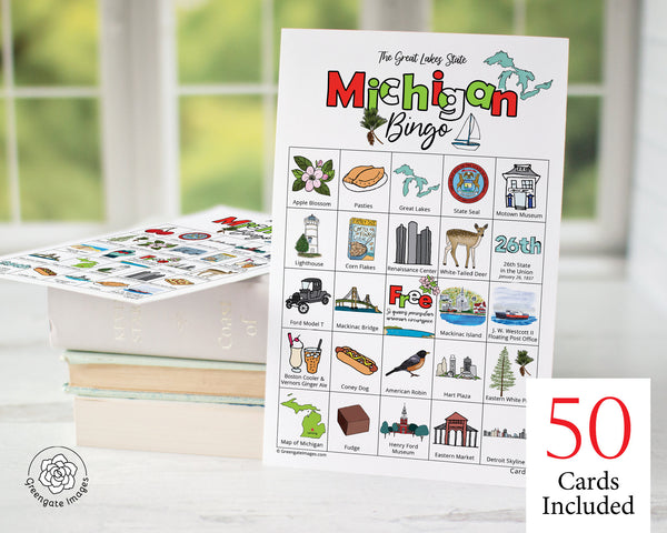 Michigan Bingo Cards - 50 PRINTABLE unique cards to download instantly. Fun MI state activity for kids-seniors. Educational homeschool game.