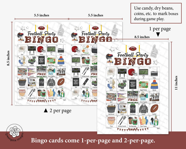 Football Party Bingo - 50 PRINTABLE unique cards. Instant download PDF. Kids, seniors, retirees. Clean adult bingo halftime activity.