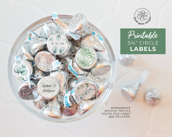 3/4 inch Fern/Eucalyptus Candy Circles - PRINTABLE/fillable PDF download for sticking dots onto Kisses, Hugs, Rolos, Mini Peanut Butter Cups