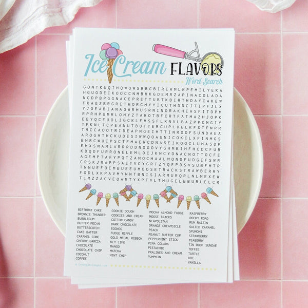 Ice Cream Flavors Word Search - PRINTABLE downloadable activity. Fun word find party guests, adults & older kids. Big word list, cute design