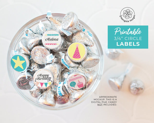 3/4 inch Birthday Candy Circles - PRINTABLE/fillable PDF download for sticking dots seals onto Kisses, Hugs, Rolos, Mini Peanut Butter Cups