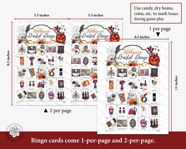 Halloween Bridal Bingo Game - 50 PRINTABLE unique cards. Instant digital download PDF. Fun activity for sprinkles and bachelorette parties.