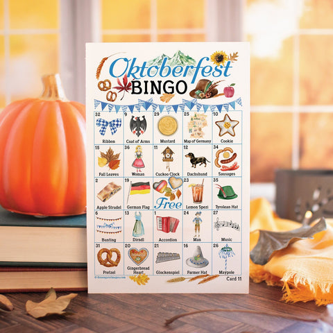 Oktoberfest (non-alcoholic) Bingo - 50 PRINTABLE unique cards. Instant digital download PDF. Fun activity for fall/autumn Octoberfest party.
