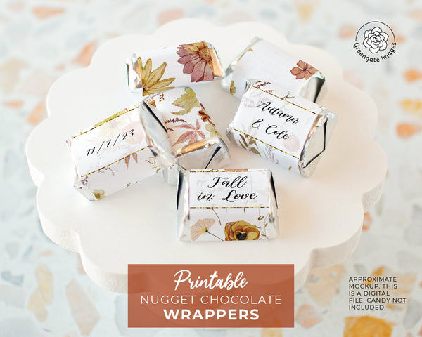 Fall Wedding Nugget Wrappers - PRINTABLE/fillable PDF download for wrapping Hershey Nugget Chocolate Candy. Print on address label stickers.