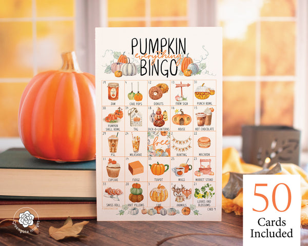 Pumpkin Bingo - 50 PRINTABLE unique cards. Instant digital download PDF. Fun activity for fall/autumn, little li'l pumpkin parties, showers.