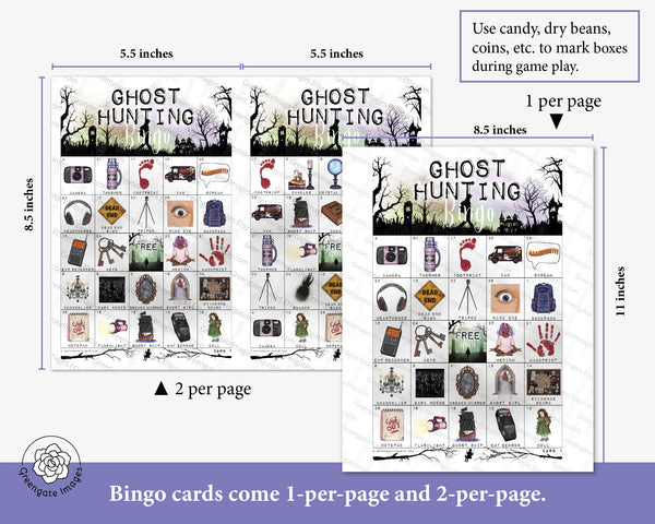 Ghost Hunting Bingo Cards - 50 PRINTABLE bingo cards, large party idea, clean adult, tween, preteen, teenager, older kids halloween game.