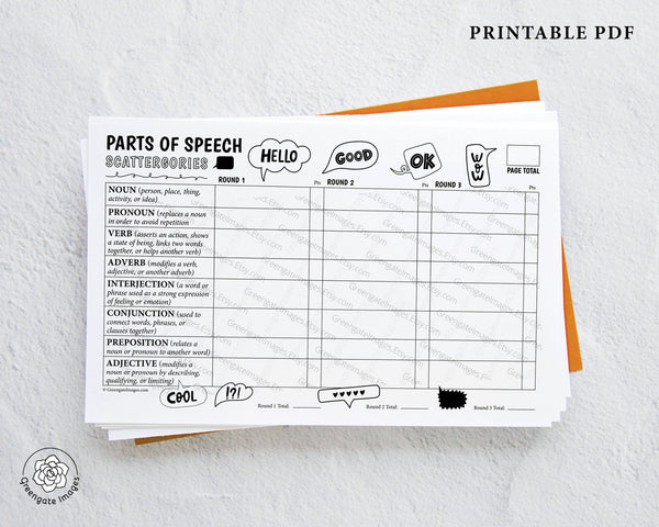 Parts of Speech Scattergories - PRINTABLE instant download PDF. Learn about language and grammar with a fun game for classroom & homeschool.