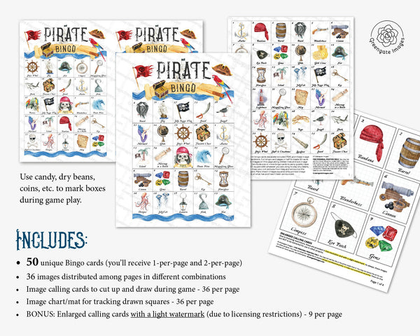 Pirate Bingo - 50 PRINTABLE unique cards. Instant digital download PDF. Fun activity for pirate-themed parties and Talk Like a Pirate Day.
