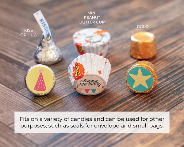 3/4 inch Birthday Candy Circles - PRINTABLE/fillable PDF download for sticking dots seals onto Kisses, Hugs, Rolos, Mini Peanut Butter Cups