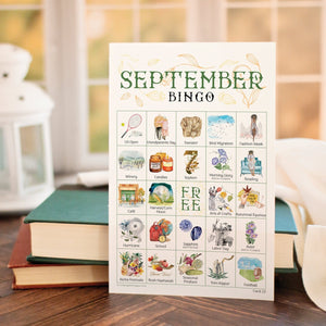 September Bingo - 50 PRINTABLE unique cards. Instant digital download PDF. Fun activity for fall babies, Labor Day potlucks & picnics.