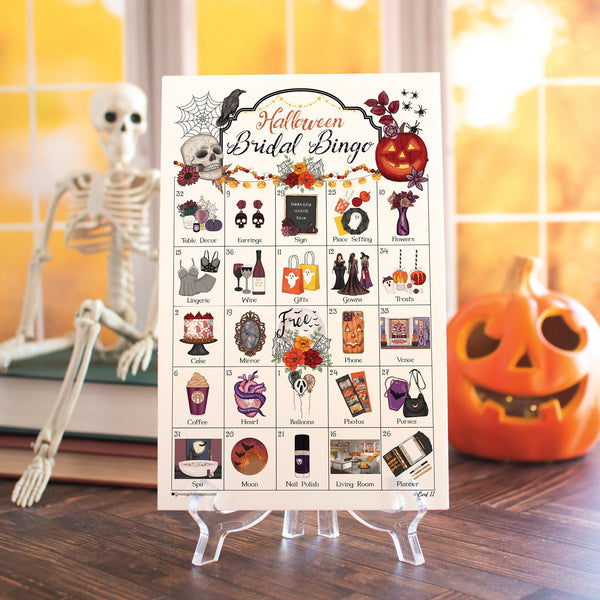 Halloween Bridal Bingo Game - 50 PRINTABLE unique cards. Instant digital download PDF. Fun activity for sprinkles and bachelorette parties.