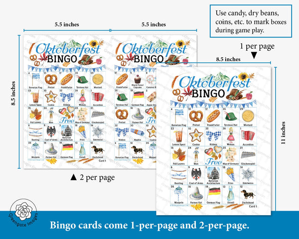 Oktoberfest (non-alcoholic) Bingo - 50 PRINTABLE unique cards. Instant digital download PDF. Fun activity for fall/autumn Octoberfest party.