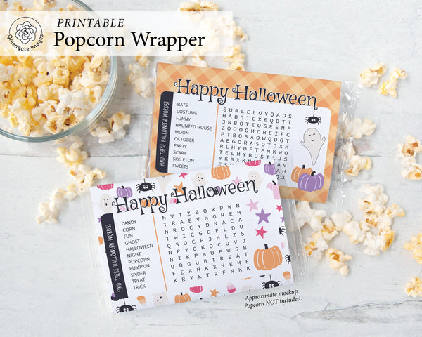 Halloween Popcorn Wrapper Duo - PRINTABLE microwave popcorn wrapper that is ready to download. Two designs w/ word finds. Classroom handout.