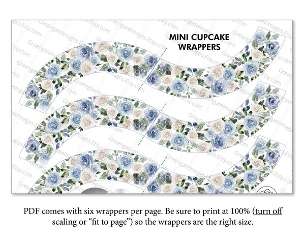 MINI Dusty Blue Rose Cupcake Wrappers - Printable Digital Download by Greengate Images