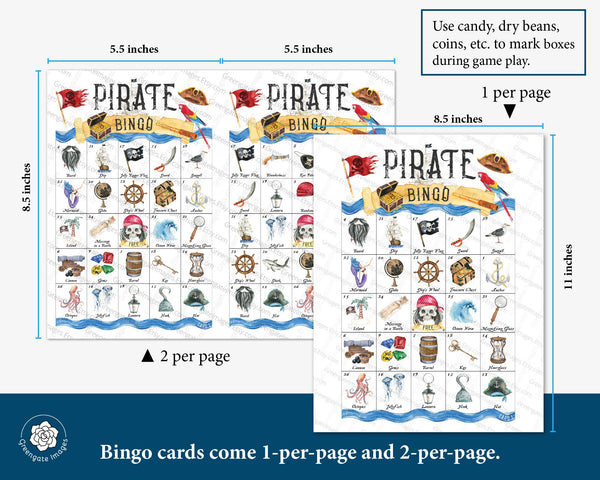 Pirate Bingo - 50 PRINTABLE unique cards. Instant digital download PDF. Fun activity for pirate-themed parties and Talk Like a Pirate Day.