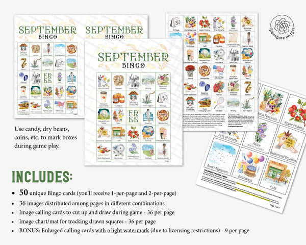 September Bingo - 50 PRINTABLE unique cards. Instant digital download PDF. Fun activity for fall babies, Labor Day potlucks & picnics.